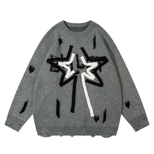 Y2K Shining Ripped Star Sweater  Gray M  - VONVEX