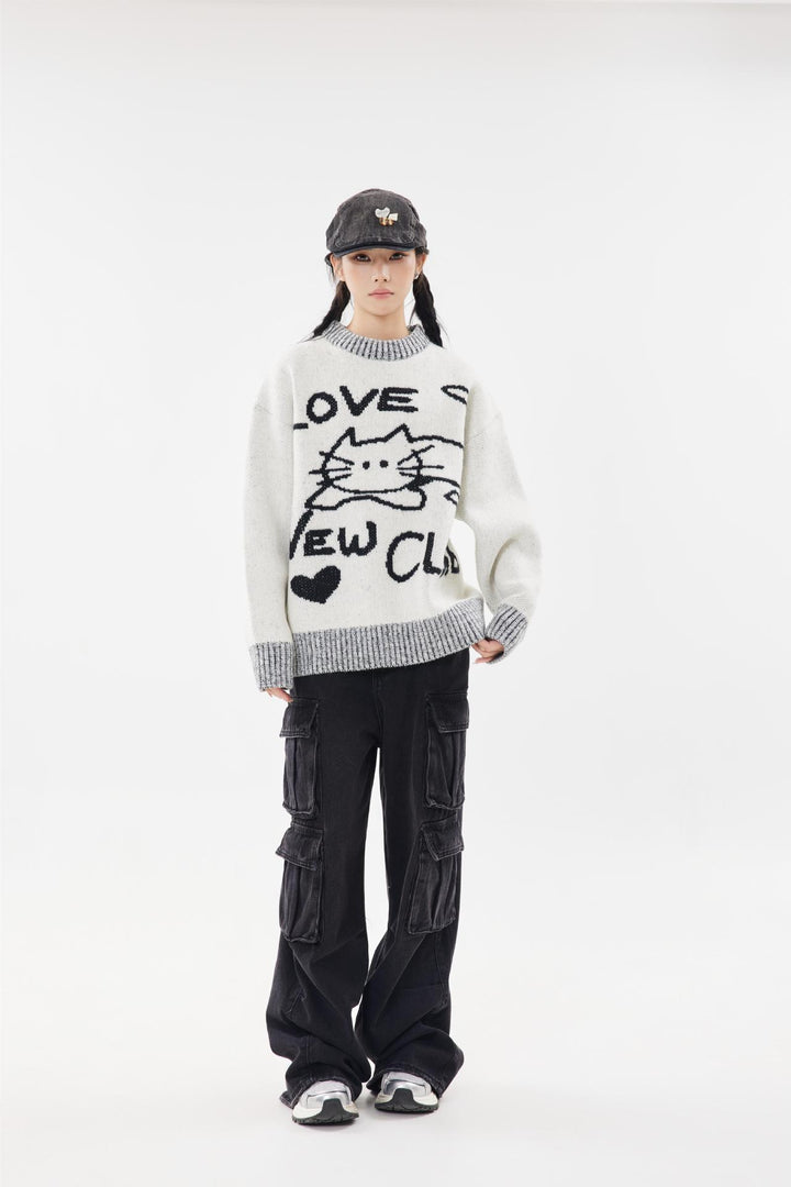 Knitted Love Cat Loose Sweater     - VONVEX