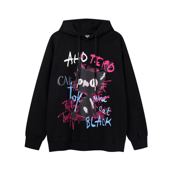 Distressed Cat Loose Hoodie  Black M  - VONVEX