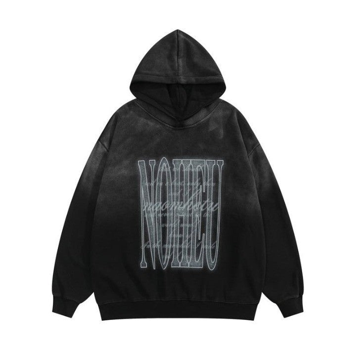 Print Washed Loose Hoodie  Black S  - VONVEX