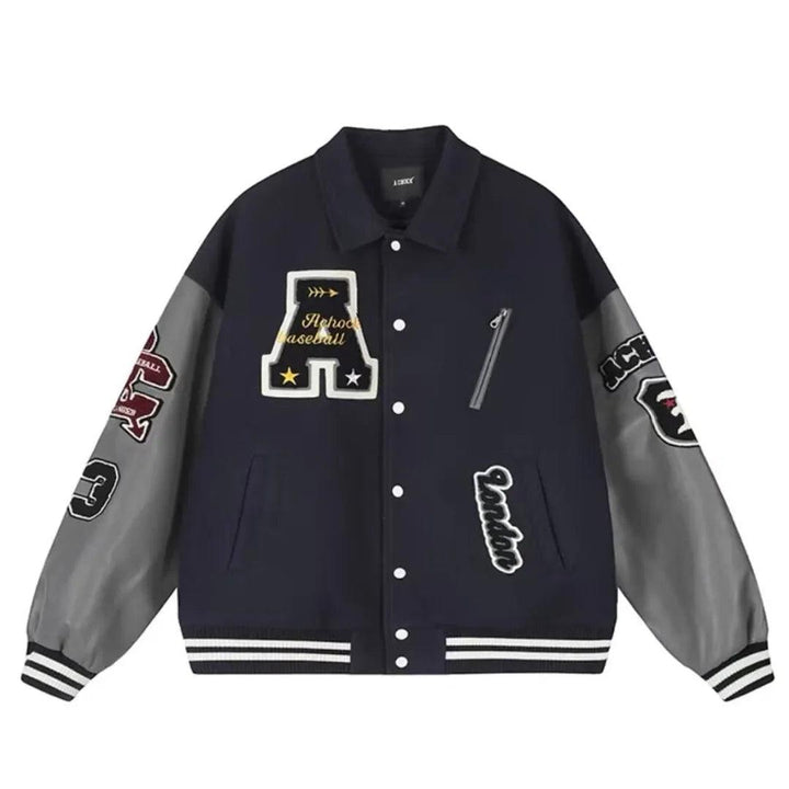 Letter Embroidery Varsity Jacket  Navy Blue 2XL  - VONVEX