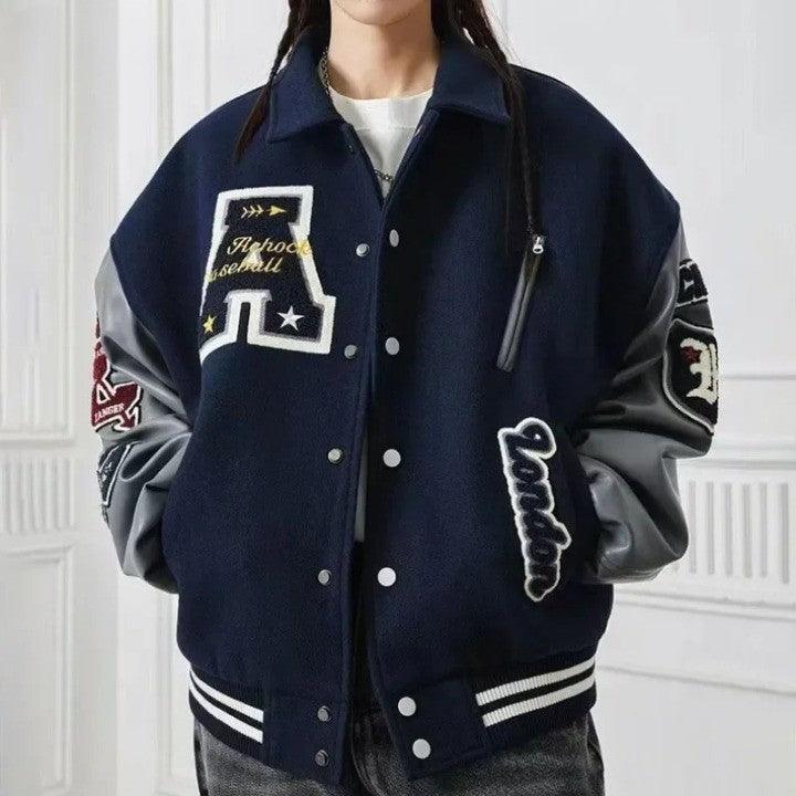 Letter Embroidery Varsity Jacket     - VONVEX