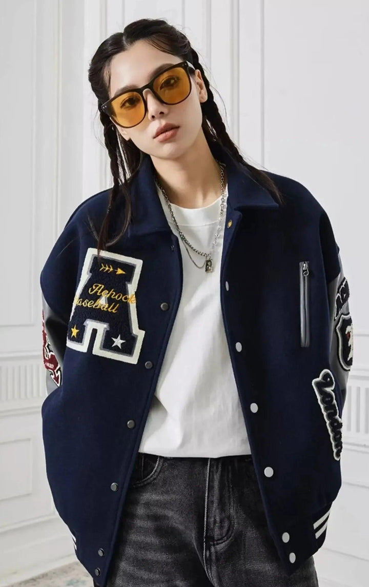 Letter Embroidery Varsity Jacket     - VONVEX