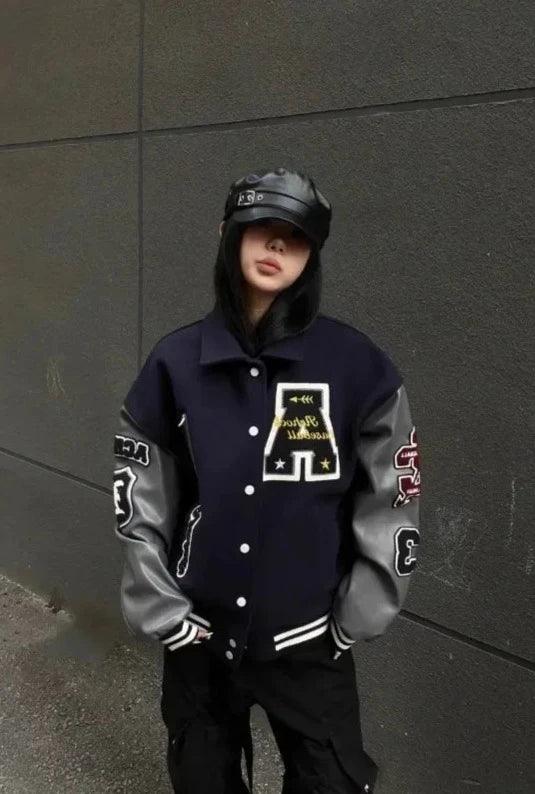 Letter Embroidery Varsity Jacket     - VONVEX