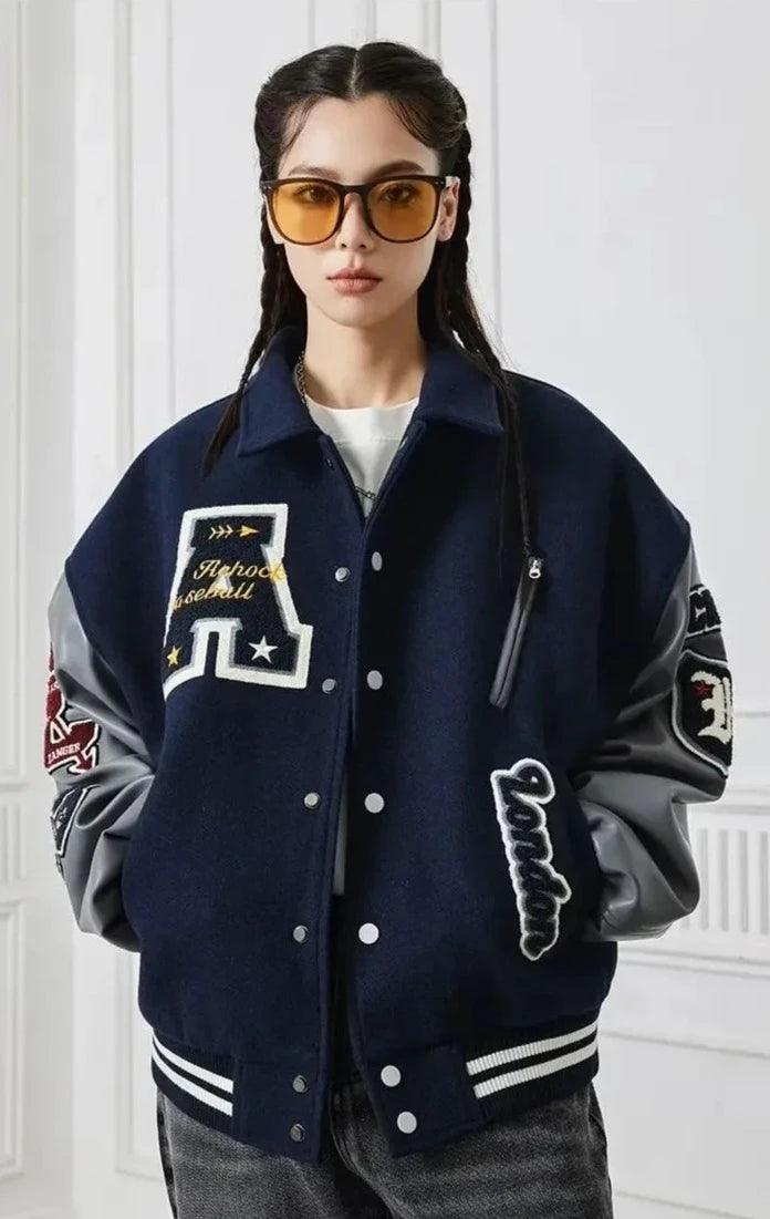 Letter Embroidery Varsity Jacket     - VONVEX