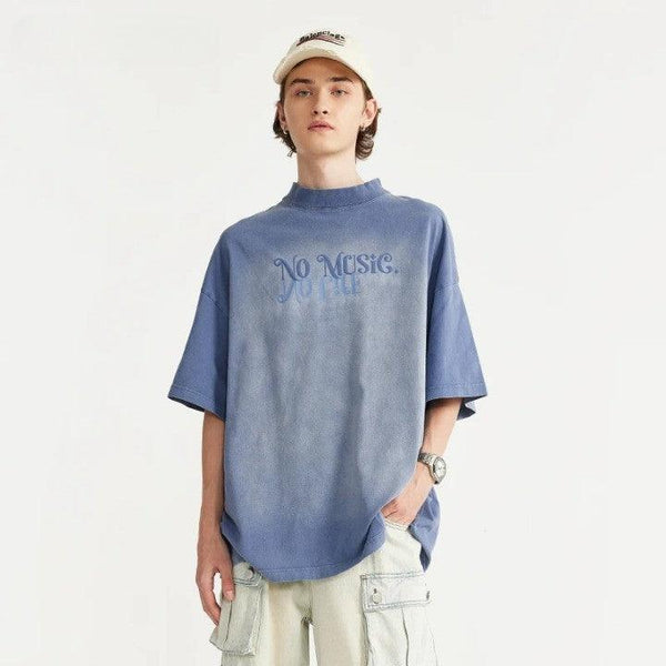 NO MUSIC Washed Oversized T-Shirt  Blue M  - VONVEX