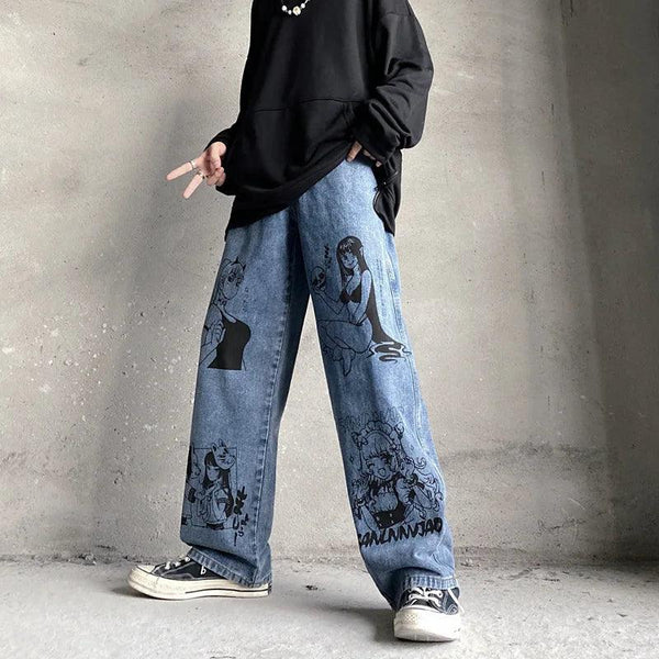 Oversized Anime Printed Denim Jeans     - VONVEX