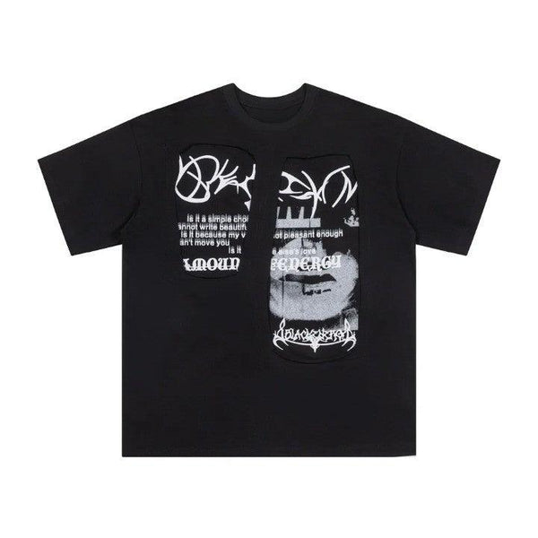 Print Patch Short Sleeve T-Shirt  Black M  - VONVEX