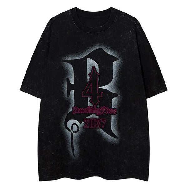 R-2037 Punk Letter Print T-Shirt  Black XXL  - VONVEX