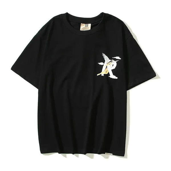 R-Shaped Angel Cloud Printed T-shirt  black M  - VONVEX