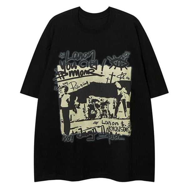 Retro American Graffiti Printed Oversized T-Shirt  Black XL  - VONVEX