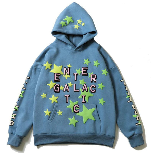 Retro Foam Stars Printed Hoodie  Blue M  - VONVEX