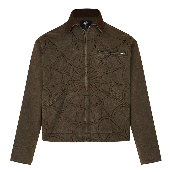 Retro Spider Web Embroidered Jacket  Brown S  - VONVEX