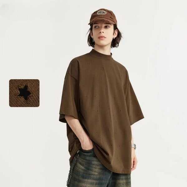 Ripped Mock Neck Oversized T-Shirt     - VONVEX