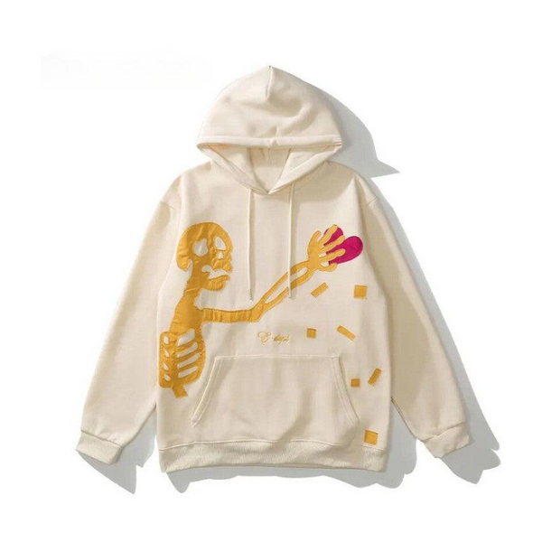 Skeleton Heart Patch Fleeced Hoodie     - VONVEX