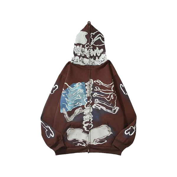 Y2K Skull Skeleton Bones Zipper Hoodie     - VONVEX