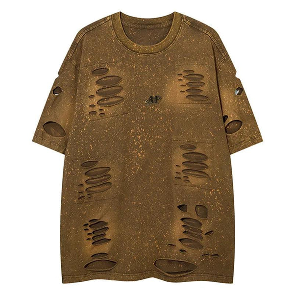 Solid Ripped Holes T-Shirt  Coffee S  - VONVEX