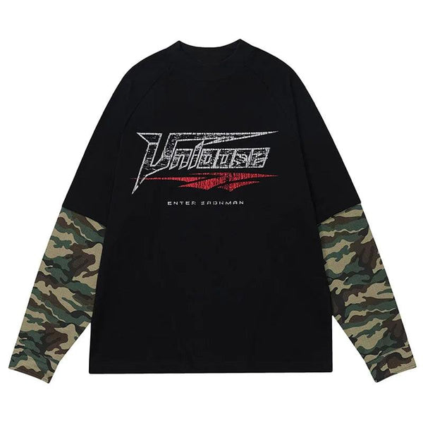 Spliced Long Sleeve T-Shirt  Black L  - VONVEX