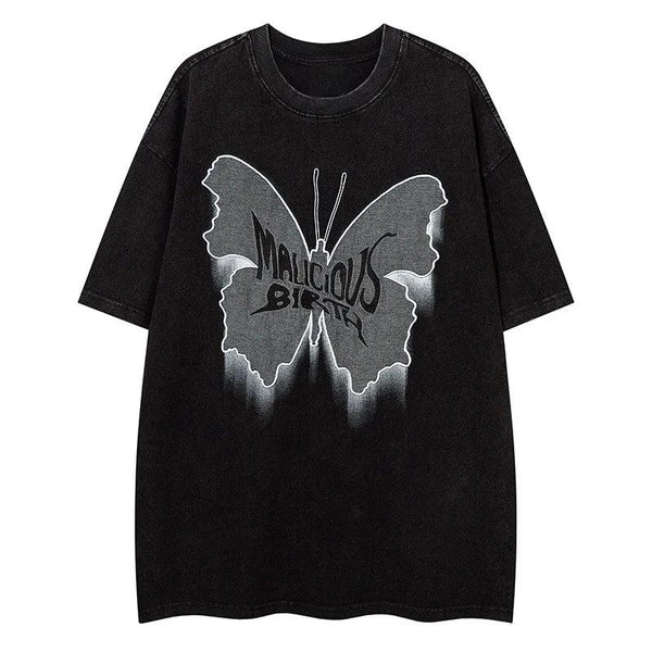 Vintage Butterfly Embroidered T-shirt  Black S  - VONVEX