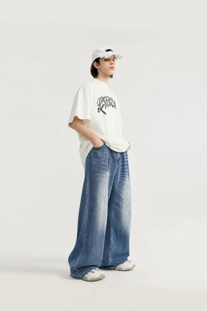 Washed Wide Leg Denim Jean     - VONVEX