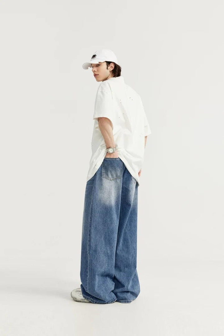 Washed Wide Leg Denim Jean     - VONVEX