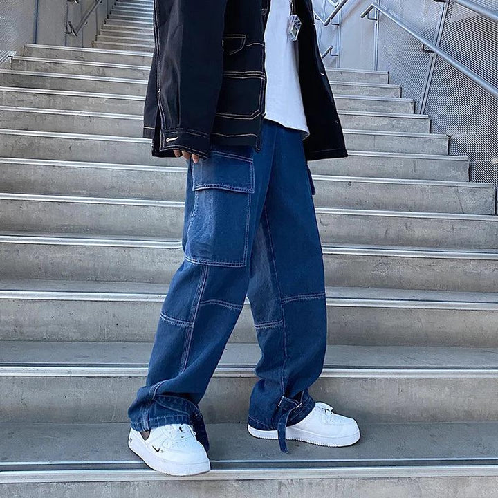 Wide Leg Cargo Denim Pants     - VONVEX