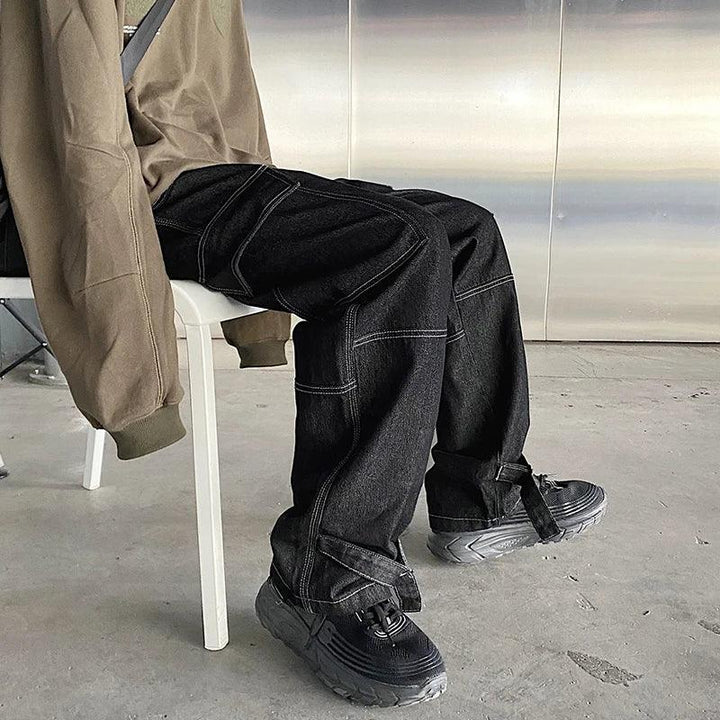 Wide Leg Cargo Denim Pants     - VONVEX