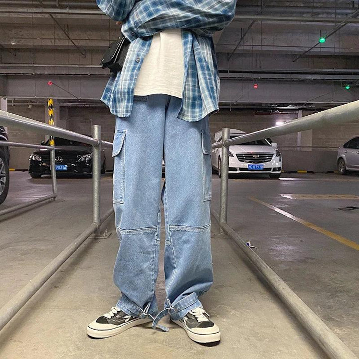 Wide Leg Cargo Denim Pants  Light Blue S  - VONVEX