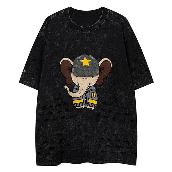 Y2K Elephant Patchwork Ripped T-Shirt  Black XXL  - VONVEX