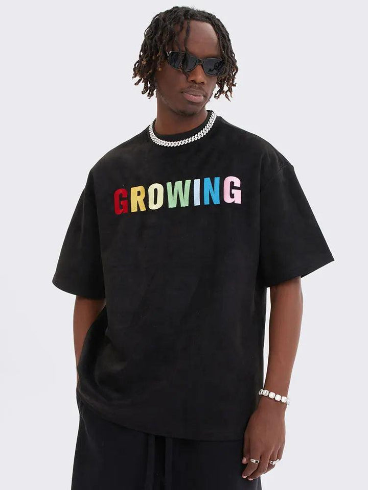 Y2K Embroidery Rainbow Letter T-Shirt  Black M  - VONVEX