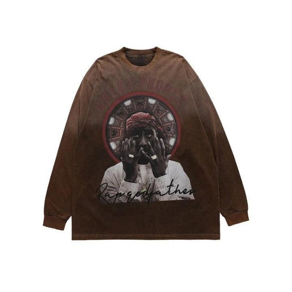 Y2K Hanging Dye Long Sleeve T-Shirt  Brown S  - VONVEX