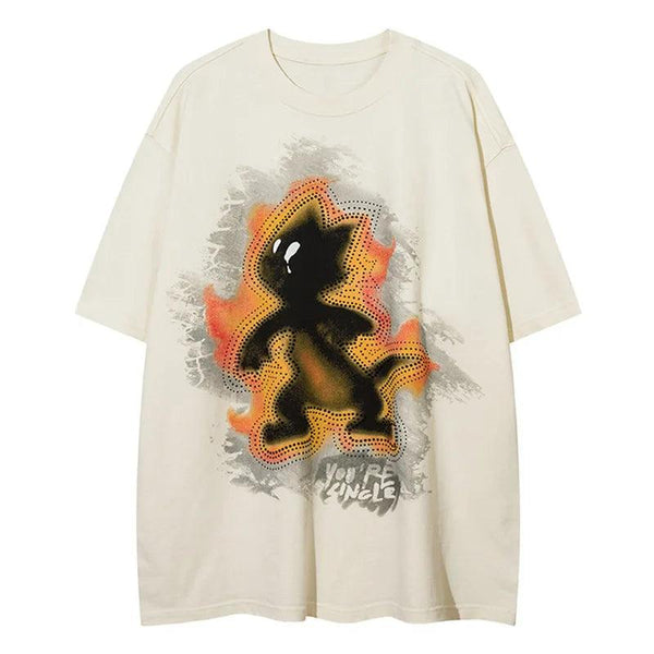 Y2K On Fire Cat Print Oversized T-Shirt  Apricot XL  - VONVEX