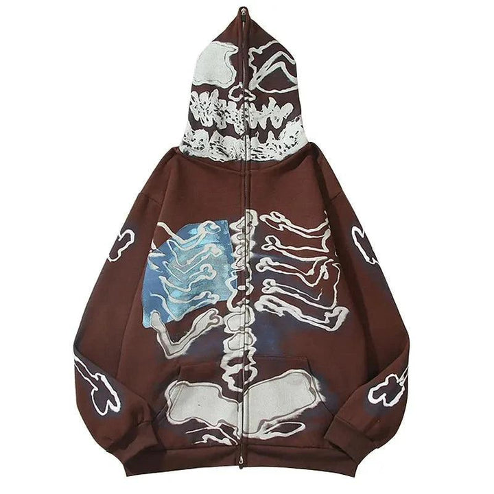 Y2K Skull Skeleton Bones Zipper Hoodie     - VONVEX