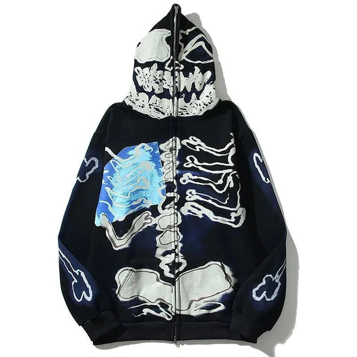 Y2K Skull Skeleton Bones Zipper Hoodie     - VONVEX