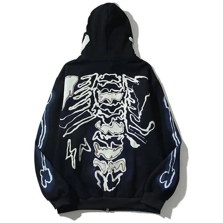 Y2K Skull Skeleton Bones Zipper Hoodie     - VONVEX