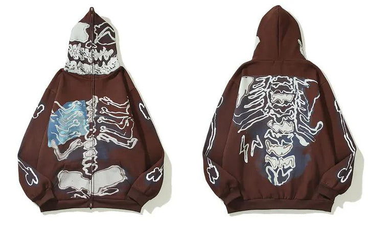 Y2K Skull Skeleton Bones Zipper Hoodie  Brown 2XL  - VONVEX