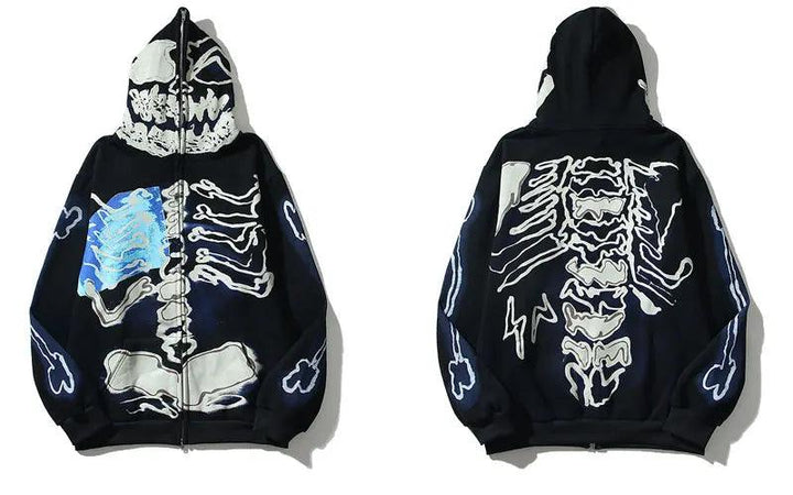 Y2K Skull Skeleton Bones Zipper Hoodie  Black XL  - VONVEX