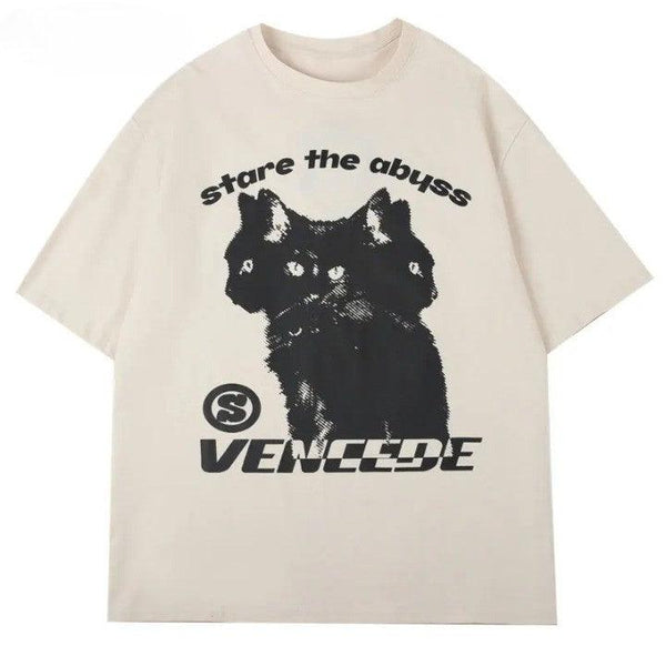 Y2K Staring Cat T-Shirt  Khaki XL  - VONVEX