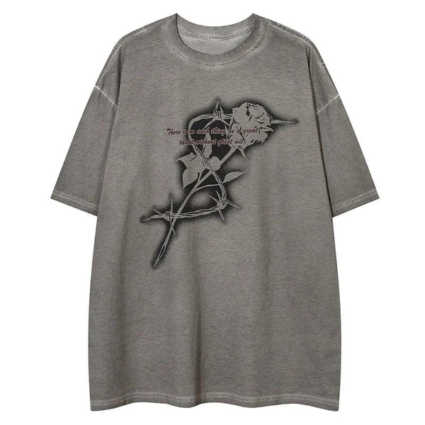 Y2K Thorn Rose Print T-Shirt  Gray M  - VONVEX