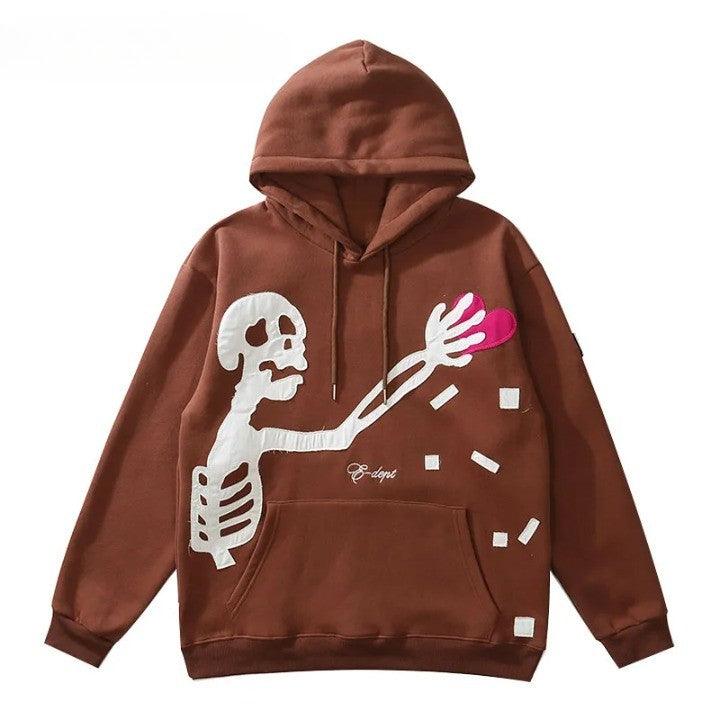 Skeleton Heart Patch Fleeced Hoodie  Brown M  - VONVEX