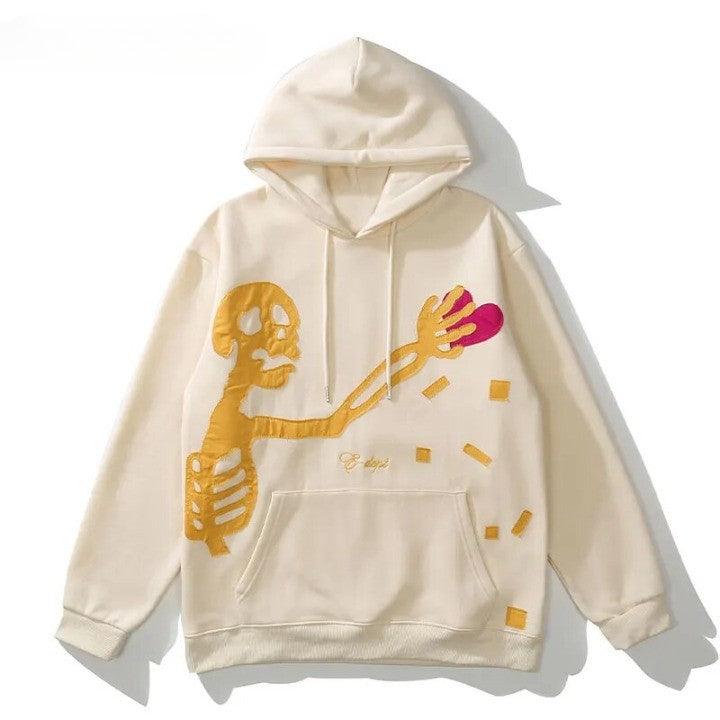 Skeleton Heart Patch Fleeced Hoodie  Beige M  - VONVEX