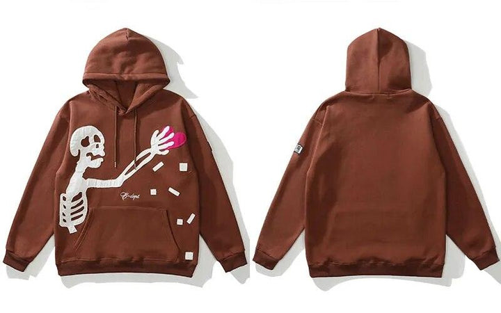 Skeleton Heart Patch Fleeced Hoodie     - VONVEX