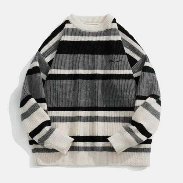 Stripe Embroidery Knitting Sweater     - VONVEX