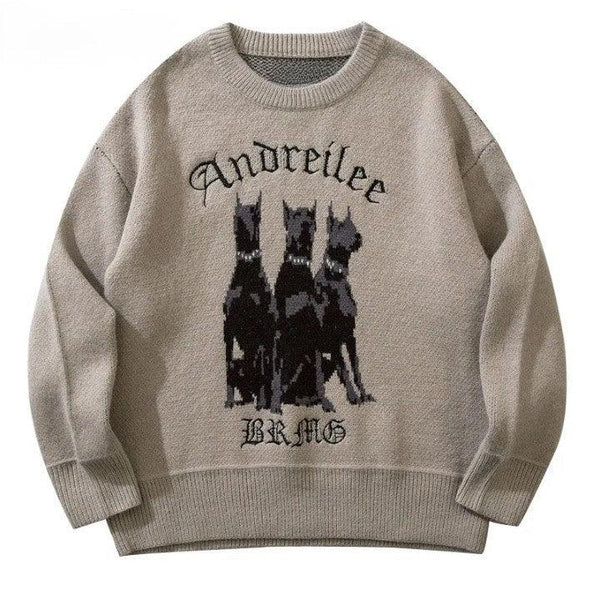 Y2K Knitted Doberman Dog Sweaters  Grey Khaki M  - VONVEX