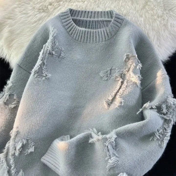 Y2K Retro Hole Fringed Sweater  Gray Chateau S  - VONVEX