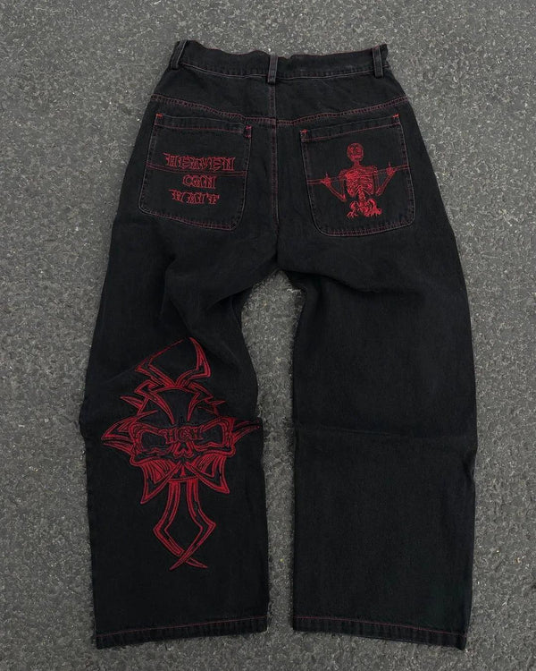 Y2K Retro Skull Embroidery Jeans  1 S  - VONVEX